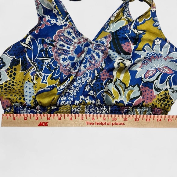 Free People Crop Top Large Blue Gold Weekend In Montauk Floral Smocked NWT - Picture 12 of 14